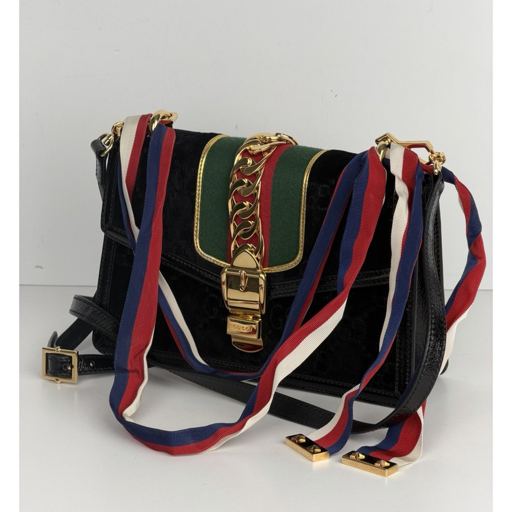 Gucci Sylvie Small Crossbody Bag in Black GG Velvet with Web S08